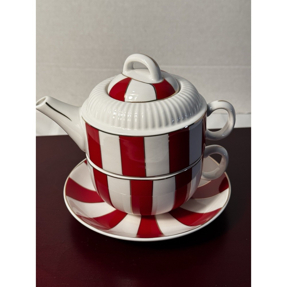 Grace Teaware Red Striped Tea for One' Set w/ Gold Accents New